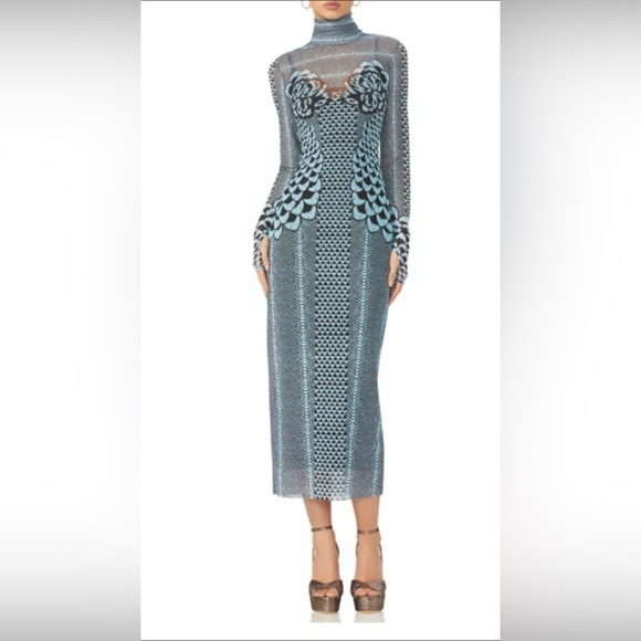 AFRM Dresses & Skirts - Blue Patterned Long-Sleeve Knit Midi Dress